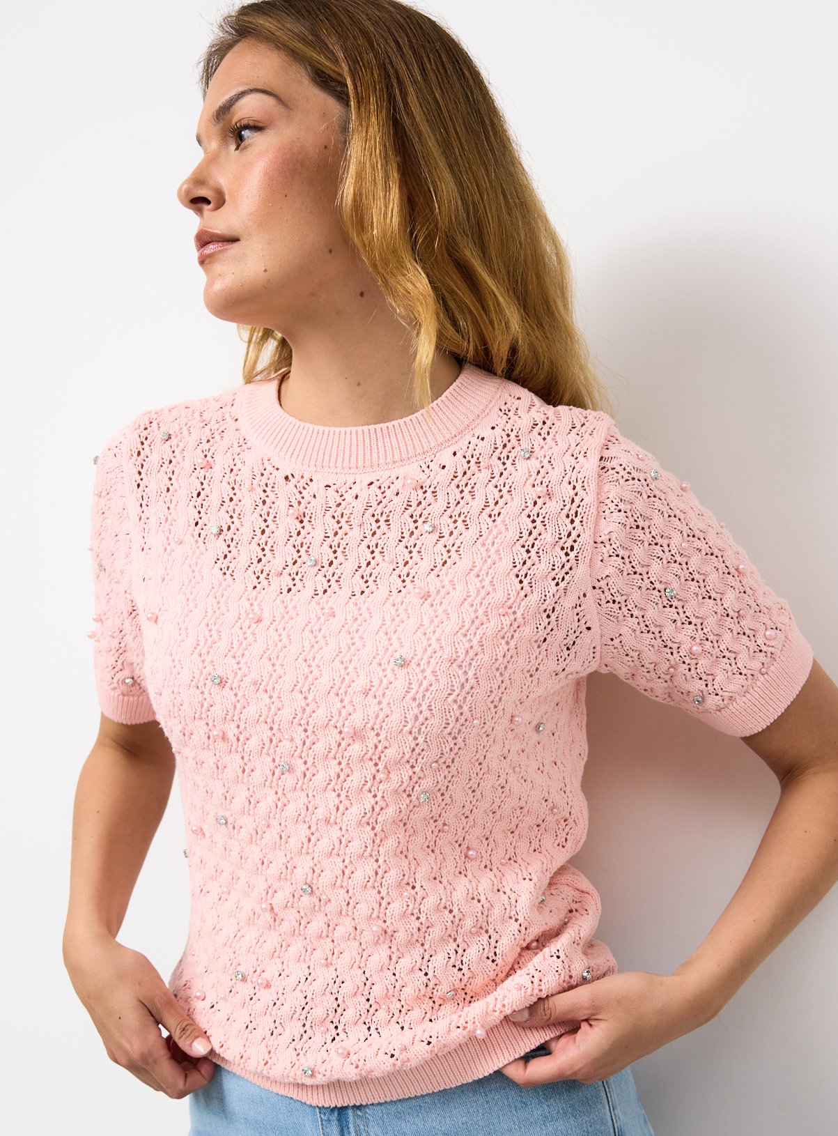 Pink Embellished Stitch Detail Knitted T-Shirt 20 - Image 2 thumbnail